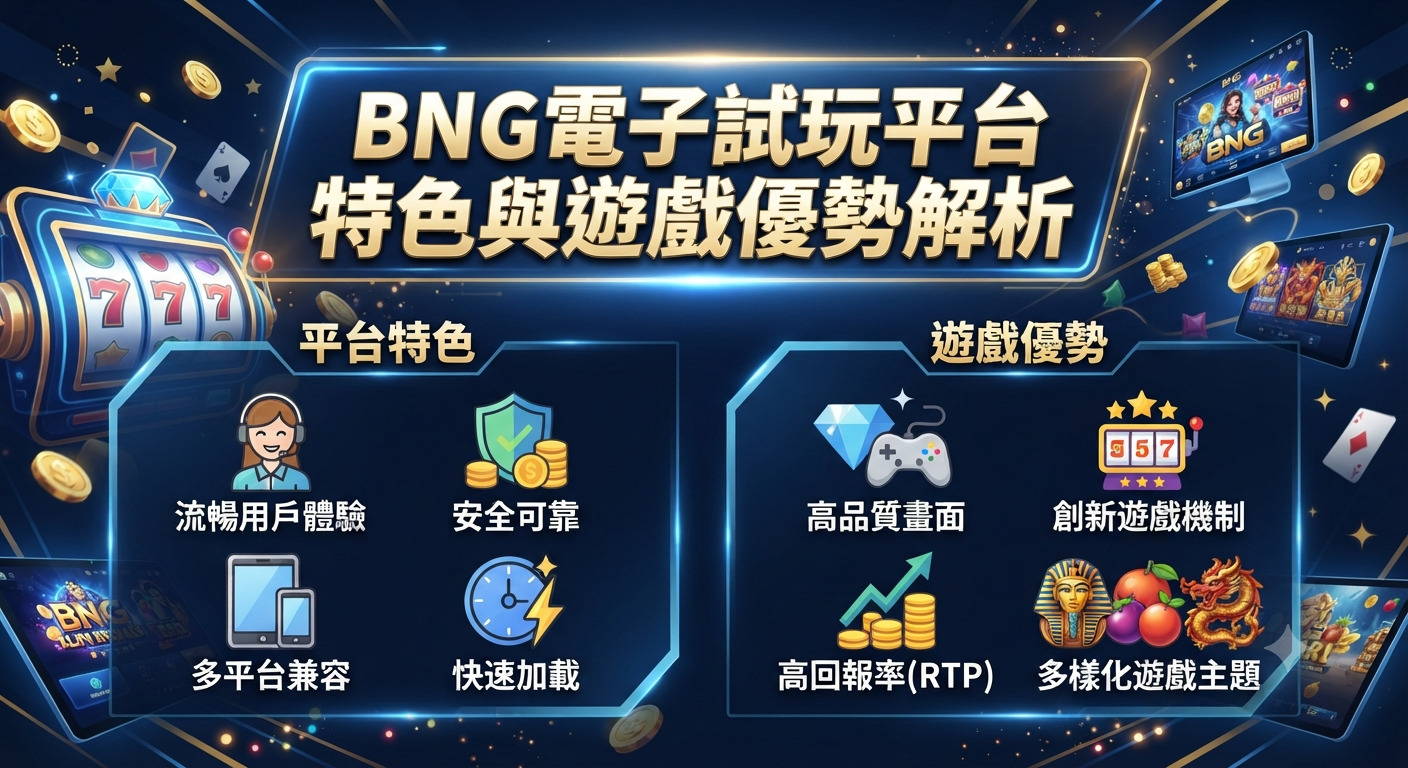 這是一張關於BNG電子試玩平台特色與遊戲優勢解析的宣傳主視覺圖片。 畫面採用深藍色科技感設計,並點綴了老虎機、金幣與各項平台優勢圖示。