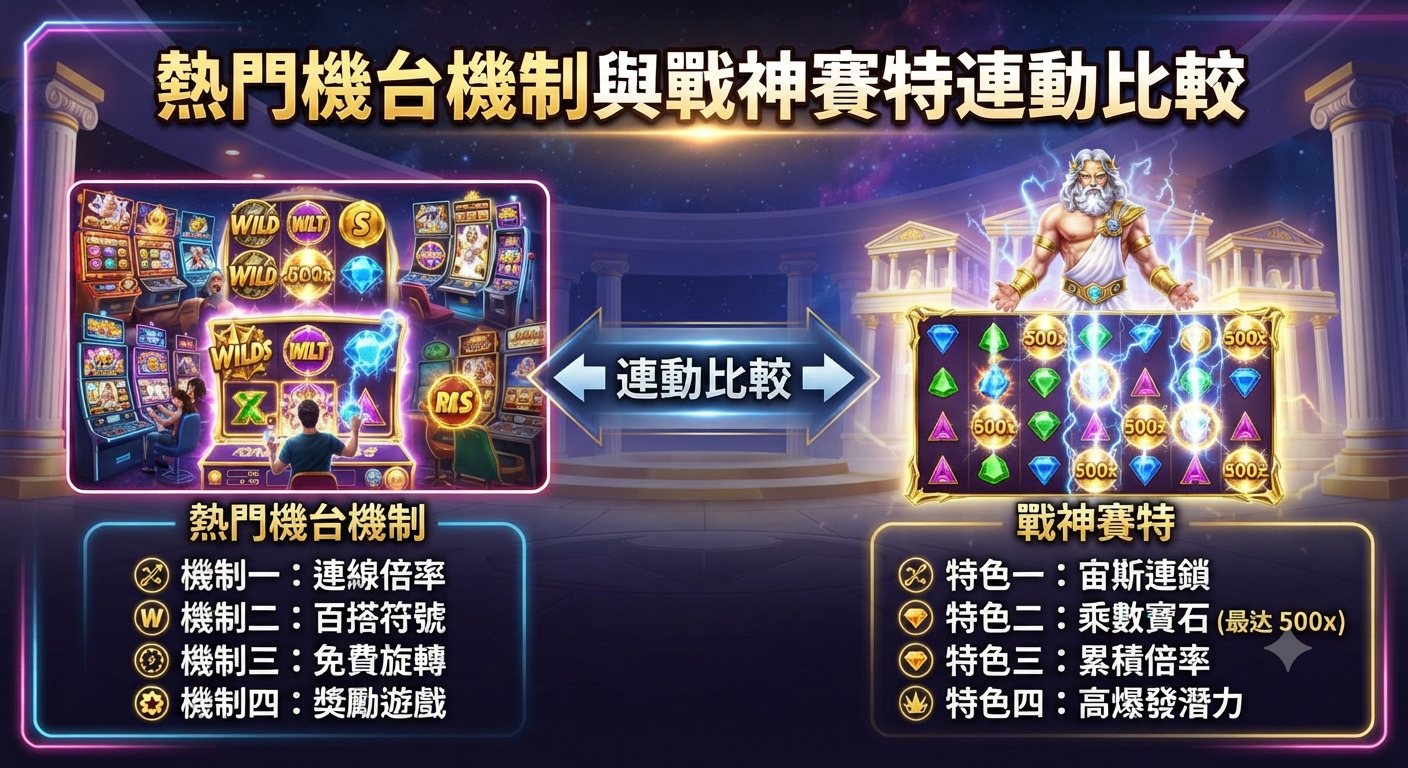 這張圖片展示了熱門機台機制與戰神賽特遊戲特色的對比。 畫面採用古代神殿風格的背景,並配有清晰的標題與功能圖解。